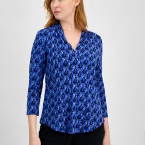 JM Collection Geo-Print Ity V-Neck 3/4-Sleeve Top Blouse size 1X